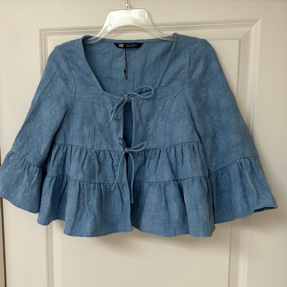 Zara Light Blue Tie-Front Tiered Blouse - Picture 7 of 10